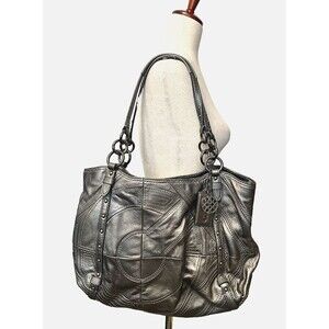 COACH Alexandra Gunmetal Leather Shoulder Purse Bag Dustbag & Charms Studs Logo